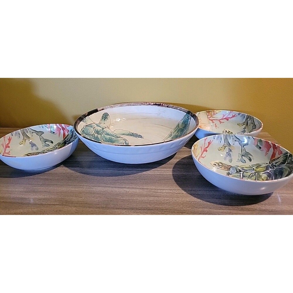 Melamine Serving Bowl W/3 Matching Bowls Turtles Tropical Tommy Bahama Christmas